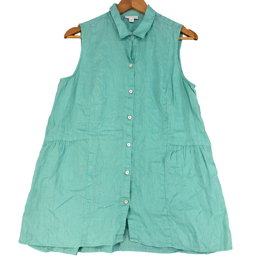 J. Jill Love Linen Sleeveless Tunic Shirt Turquoise Blue Women Medium Pocketed